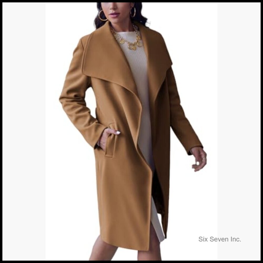 Polyester Pea Trench Coat Lapel Collar Long Jacket Belted Overcoat - Picture 2 of 7